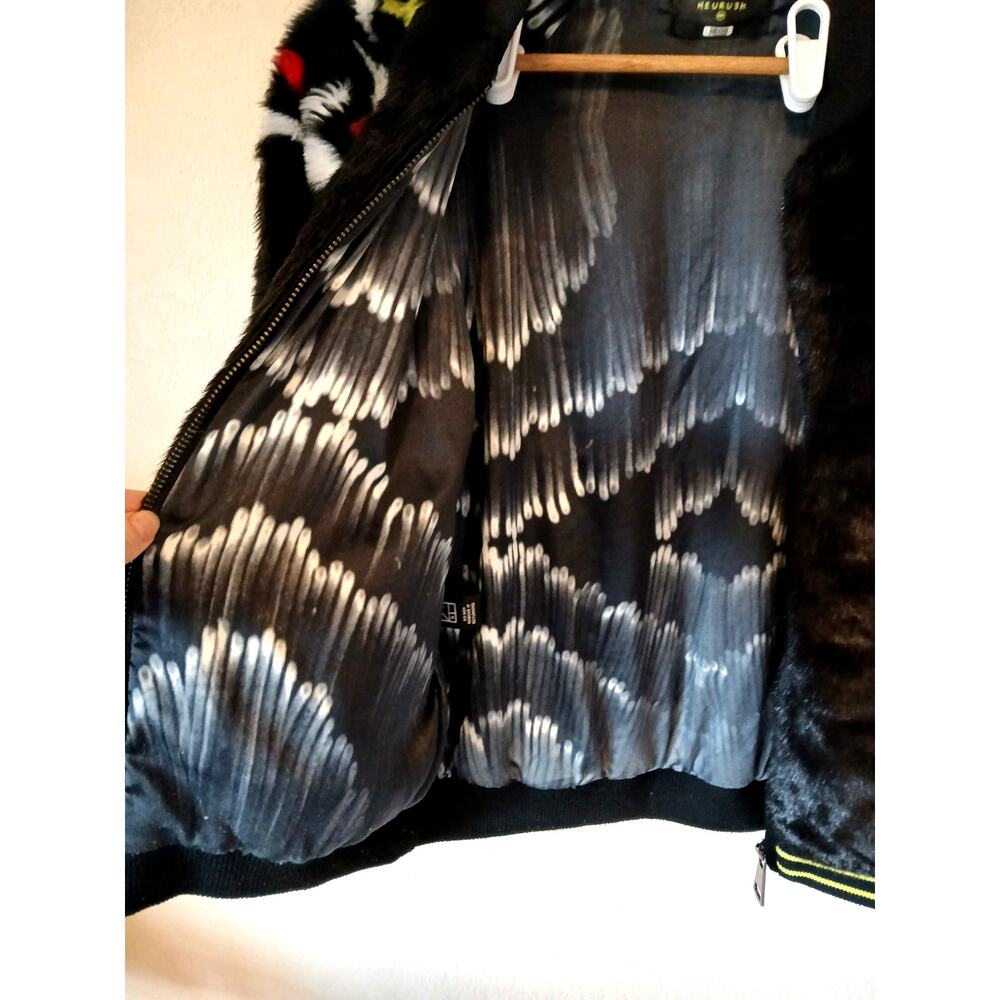 Heurueh Real People Faux Fur Bomber Jacket Black Designer Graffiti Back - Picture 8 of 8